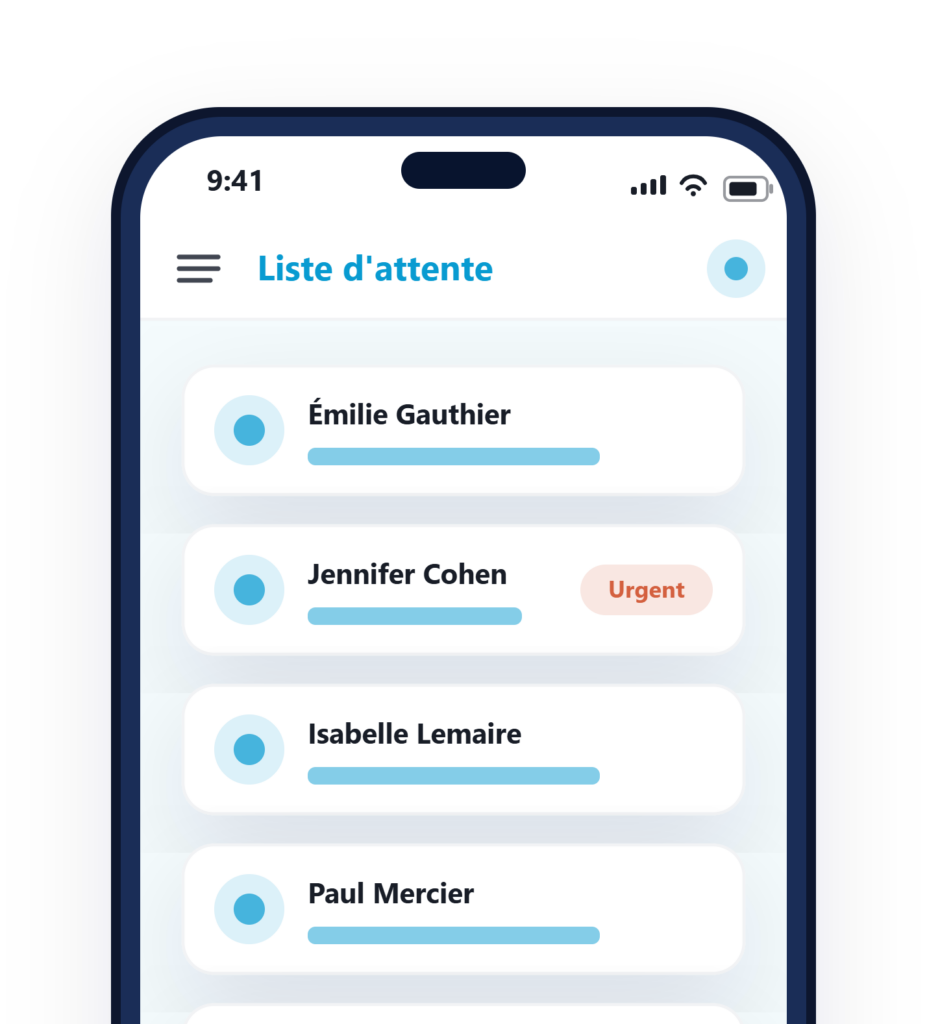 interface d'un praticien représentant des patients sur liste d'attente