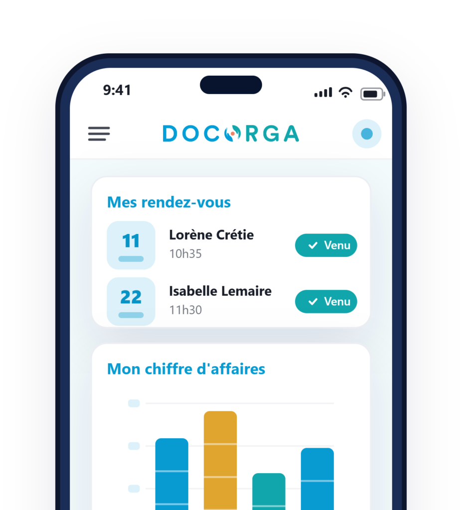 tableau de bord Docorga qui affiche les rendez-vous, le chiffre d'affaires