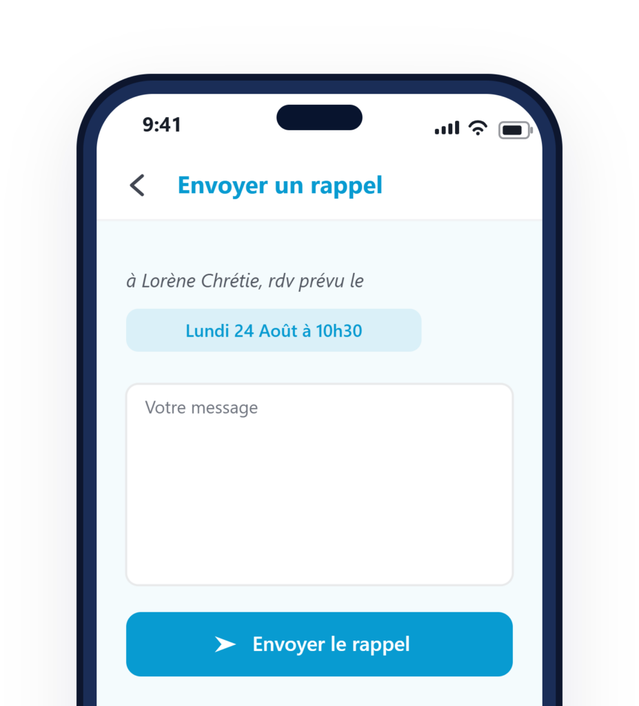 interface d'un praticien qui envoie un rappel de rendez-vous à un patient