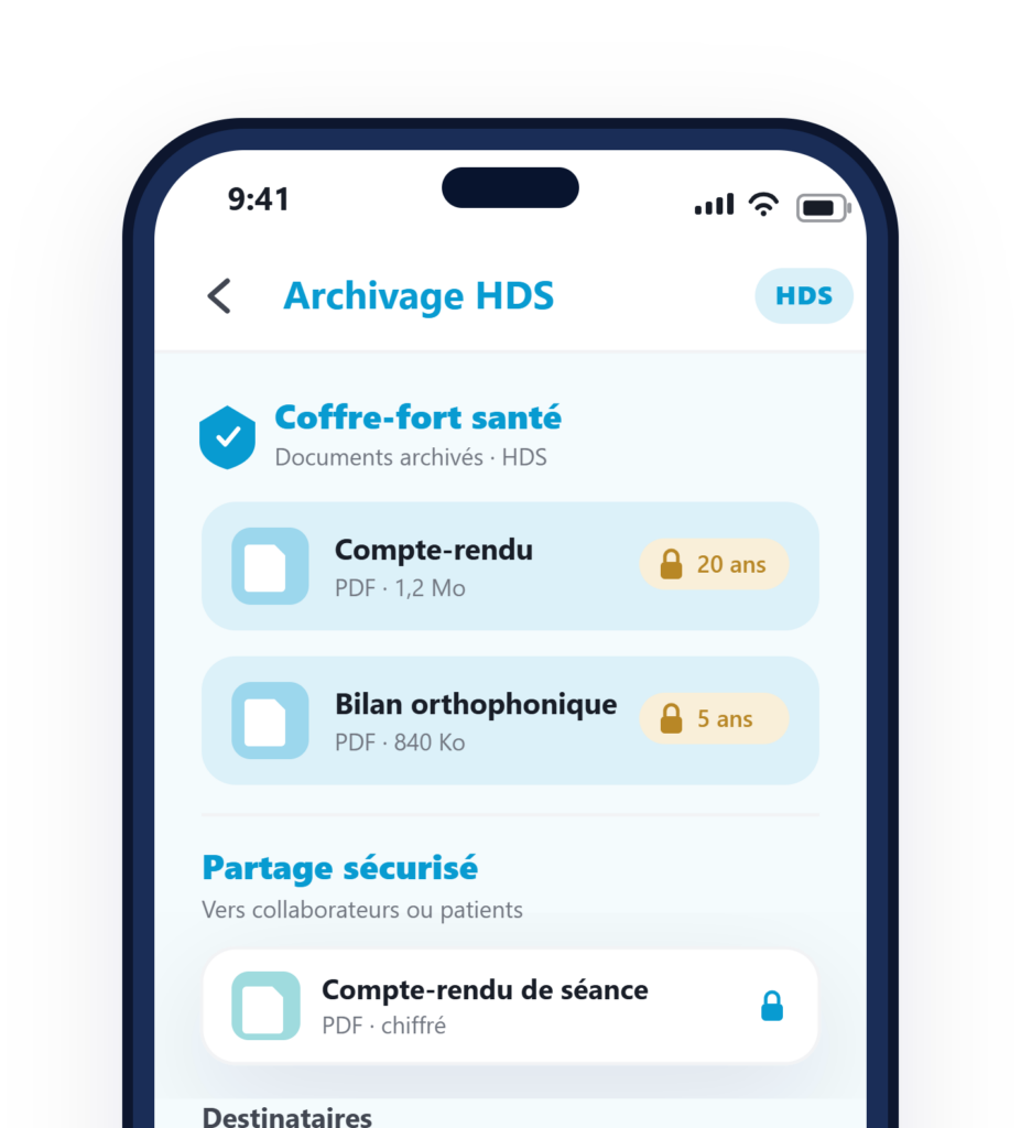 interface d'un praticien montrant des fichiers stockés de manière sécurisée