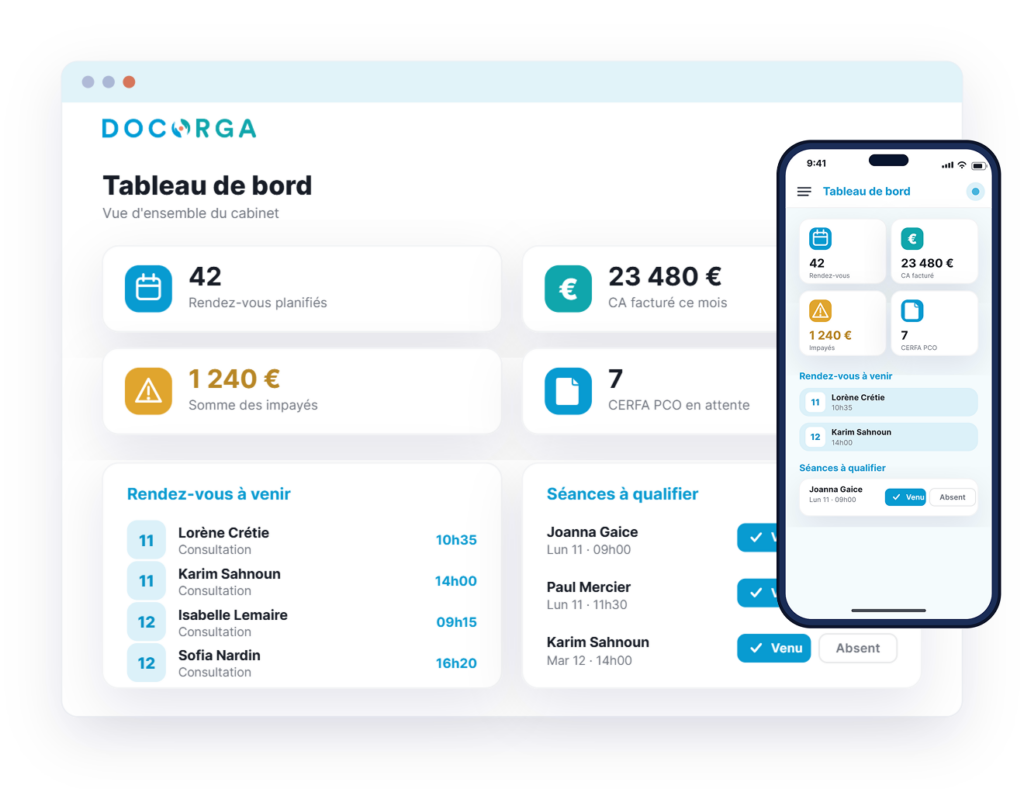 tableau de bord d'un praticien avec un suivi comptable, un résumé de l'agenda et des actions à faire ; le tout en vues desktop et mobile