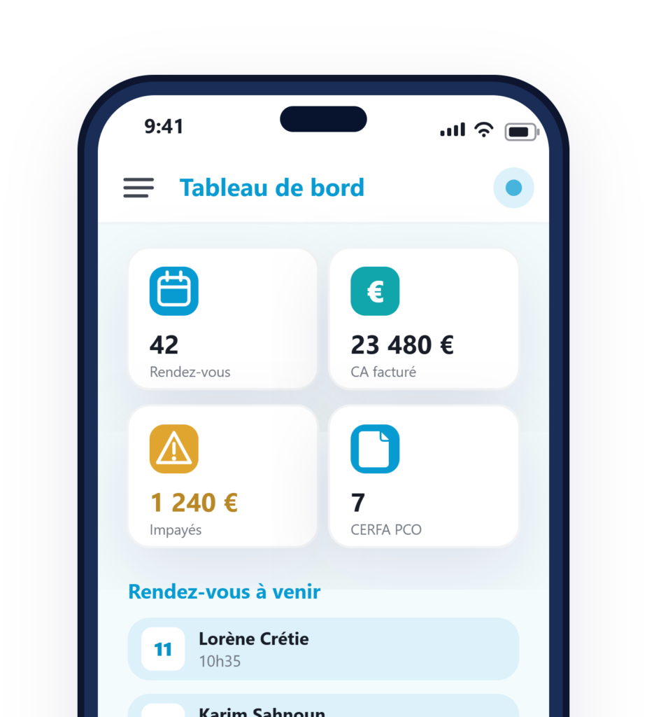 tableau de bord d'un praticien avec un suivi comptable et un résumé de l'agenda